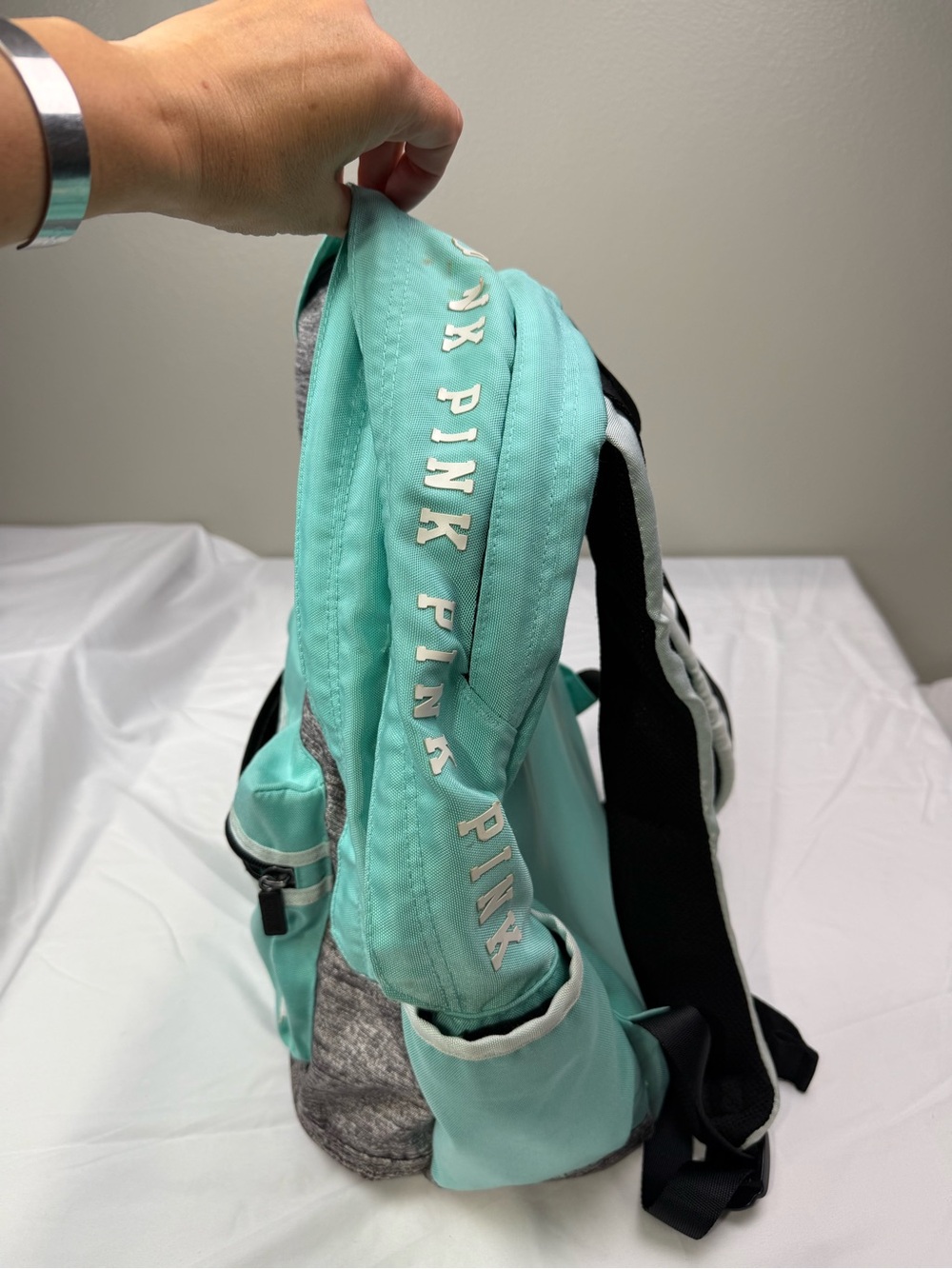 PINK Victoria's Secret Mint and Gray Kids Backpack - Picture 2 of 8